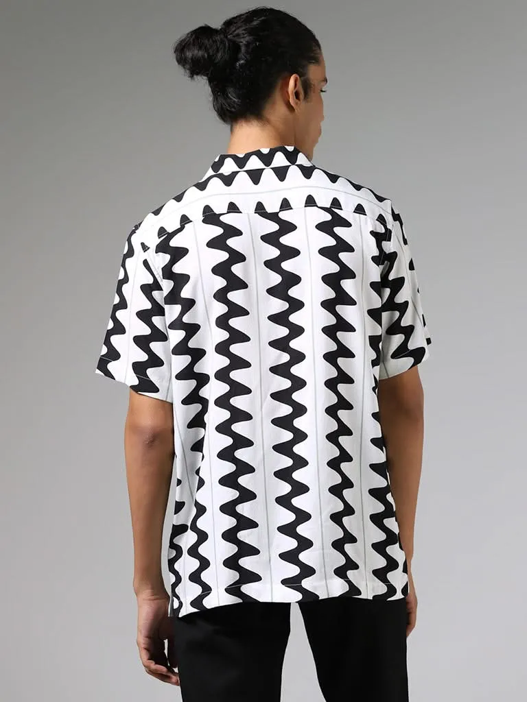 Nuon White Zig Zag Printed Relaxed-Fit Shirt