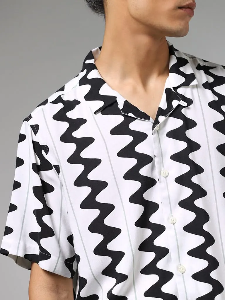 Nuon White Zig Zag Printed Relaxed-Fit Shirt