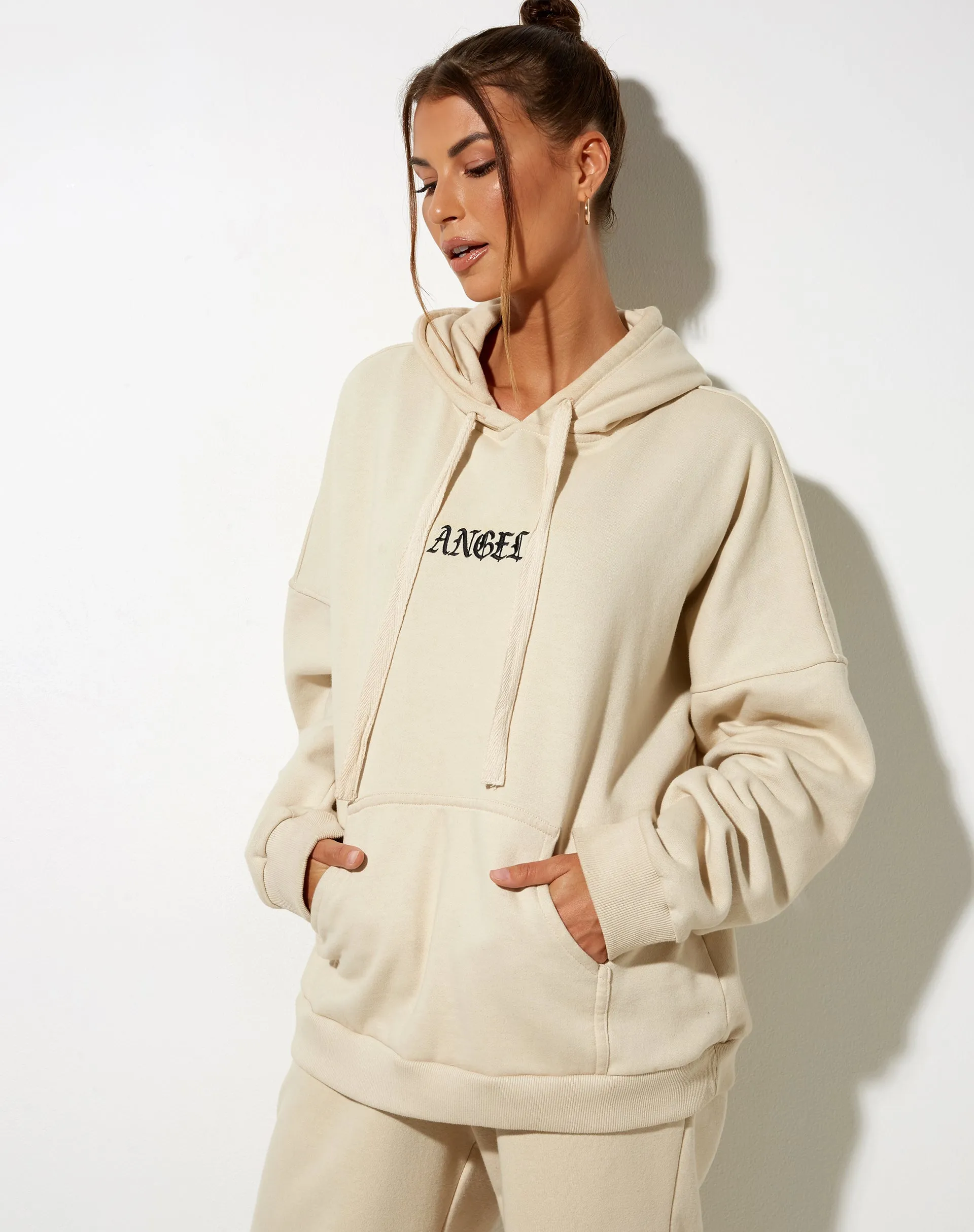 Oversize Hoody in Stone with Angel Embro