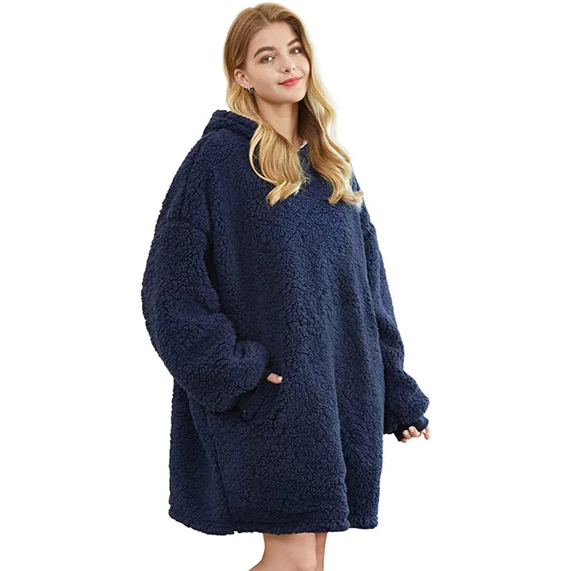 Oversized Wool Sweater Wearable Hooded Blanket Soft Warm Hoodie Sweatshirt