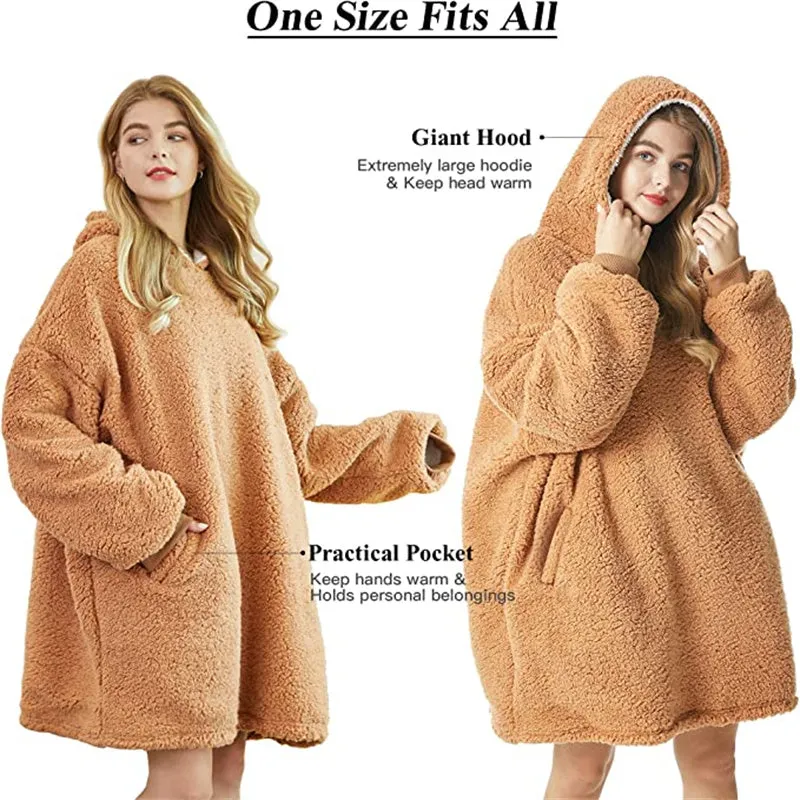 Oversized Wool Sweater Wearable Hooded Blanket Soft Warm Hoodie Sweatshirt