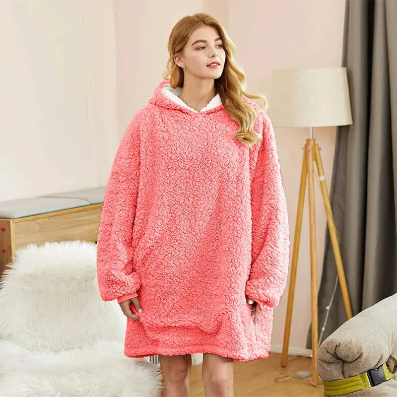 Oversized Wool Sweater Wearable Hooded Blanket Soft Warm Hoodie Sweatshirt