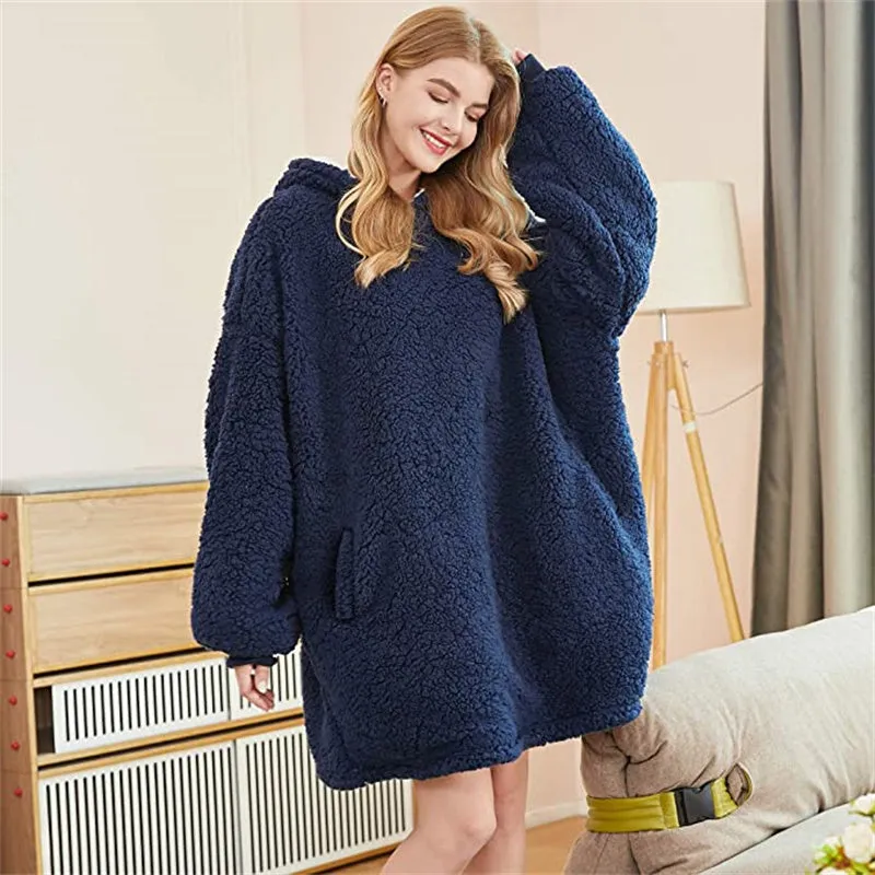 Oversized Wool Sweater Wearable Hooded Blanket Soft Warm Hoodie Sweatshirt