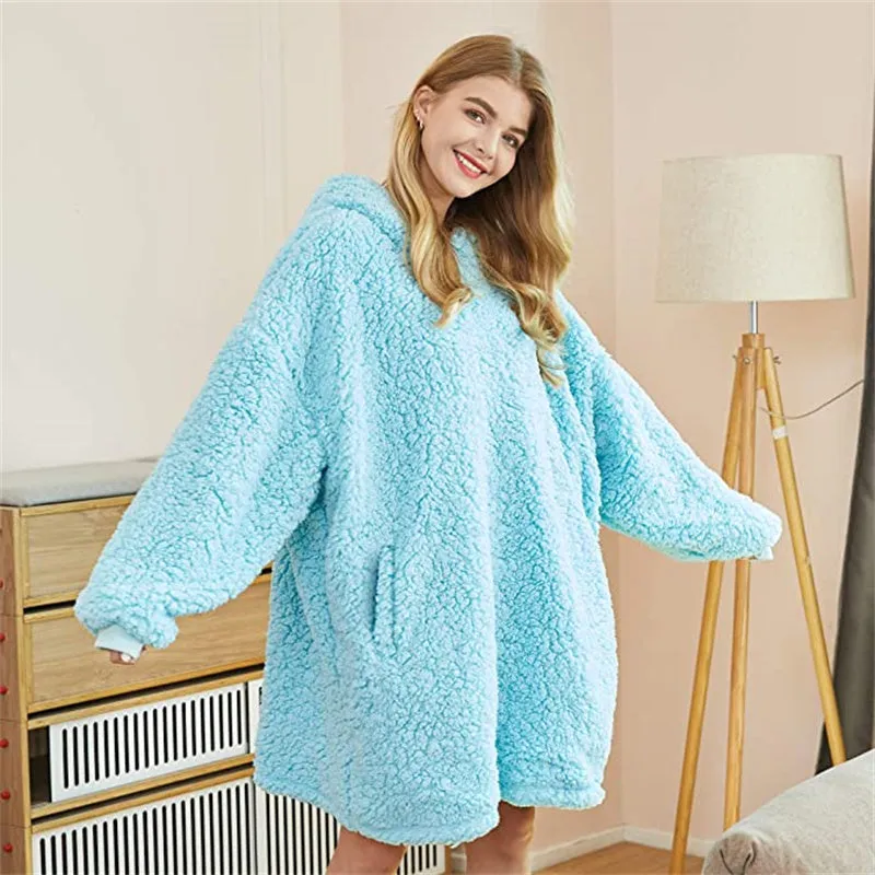 Oversized Wool Sweater Wearable Hooded Blanket Soft Warm Hoodie Sweatshirt