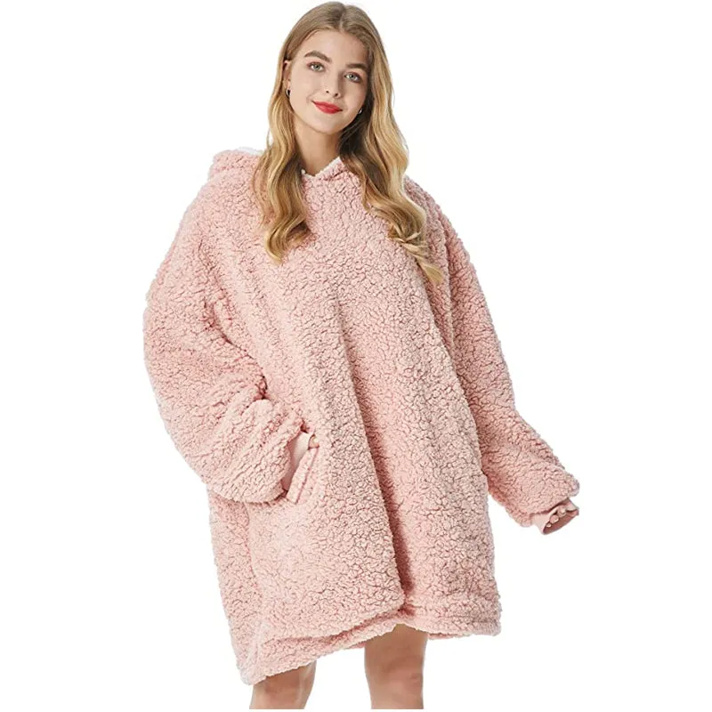 Oversized Wool Sweater Wearable Hooded Blanket Soft Warm Hoodie Sweatshirt