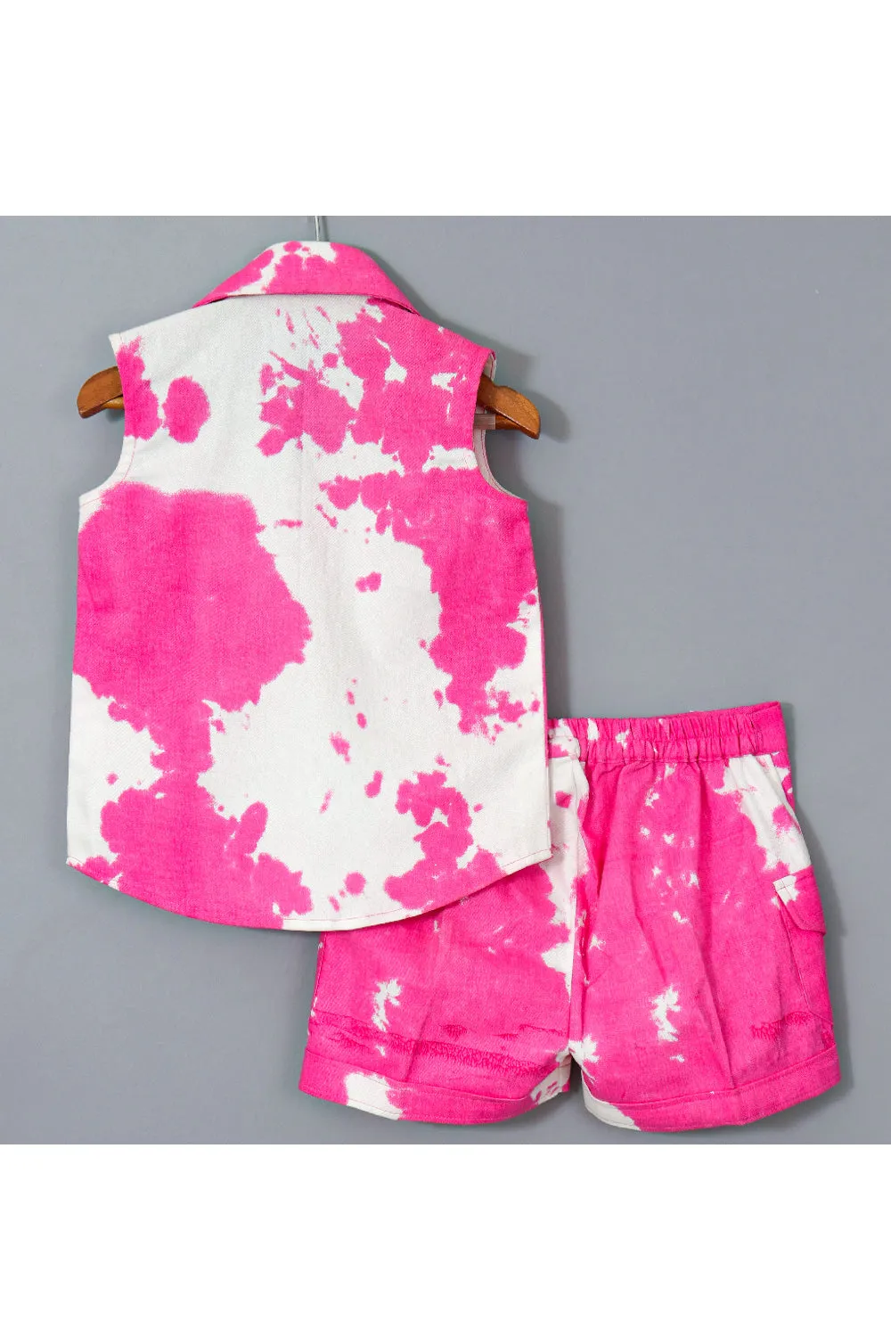 Pink And White Tie And Dye Printed Cotton Shirt And Short Set