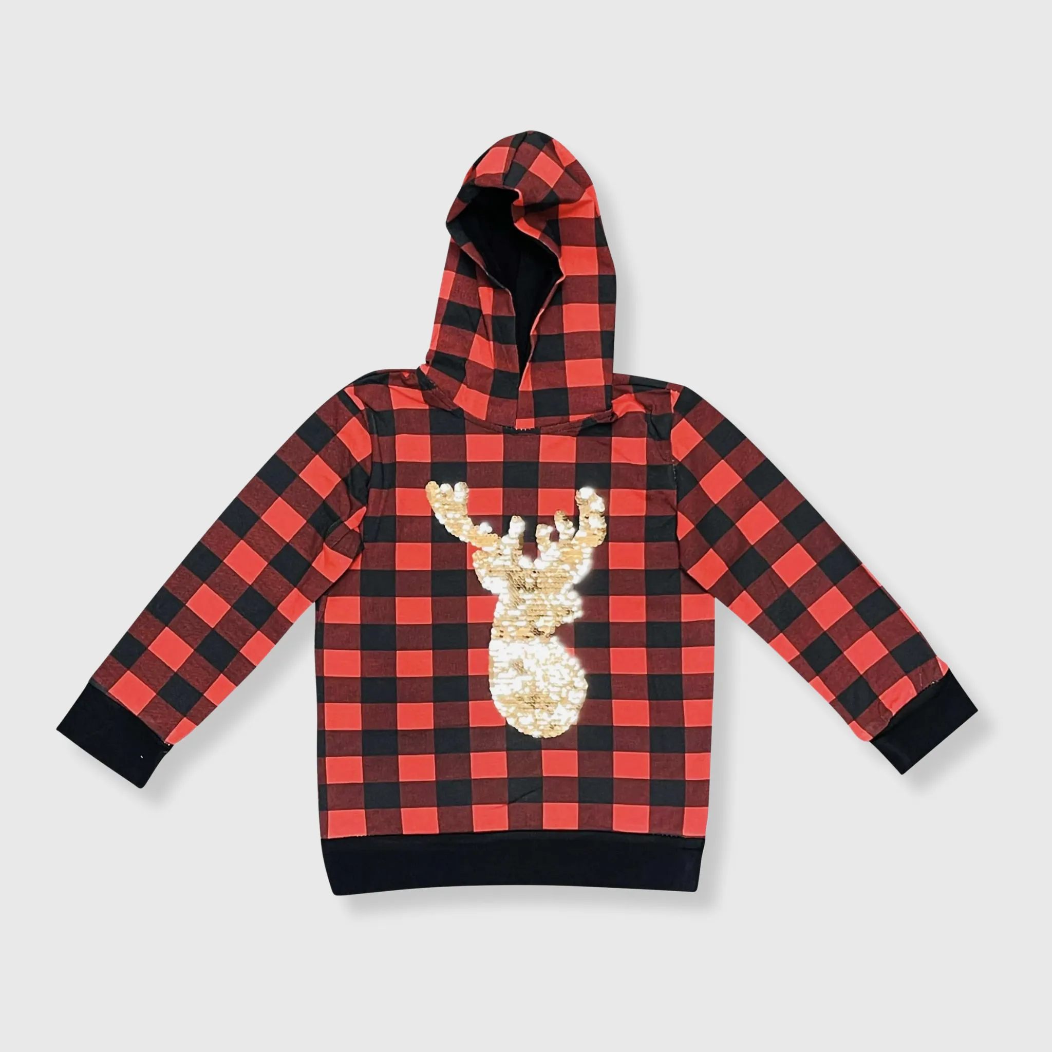 Plaid Red Reindeer Sequin Hoodie Kids