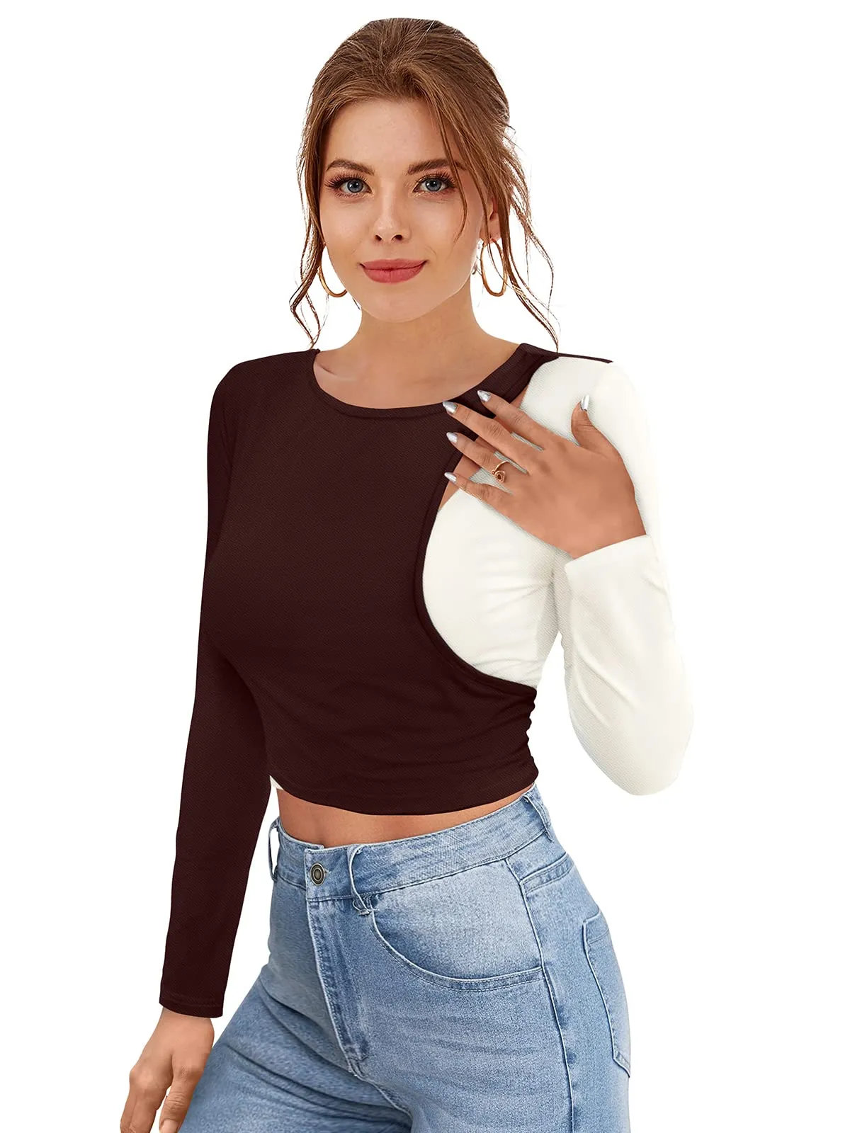 Polyester Blend Full Sleeve Crop Top-Cofee S Coffee