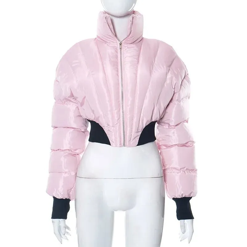 Pre Order:  Glossy Stand Collar Zip-Up Bubble Jacket