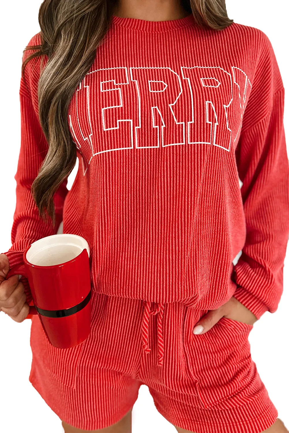 Racing Red Corded MERRY Long Sleeve Top and Shorts Pajama Set