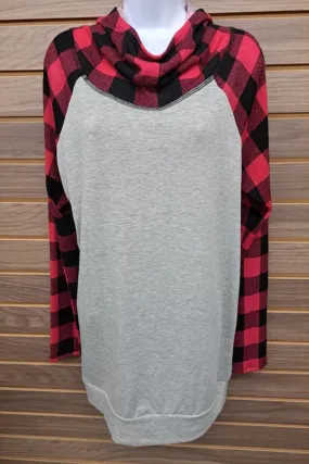 Red/Blk Plaid Gray Hoodie Long Sleeve