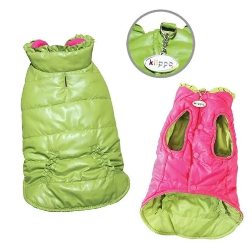 Reversible Parka Vest with Ruffle Trims - Lime-Pink