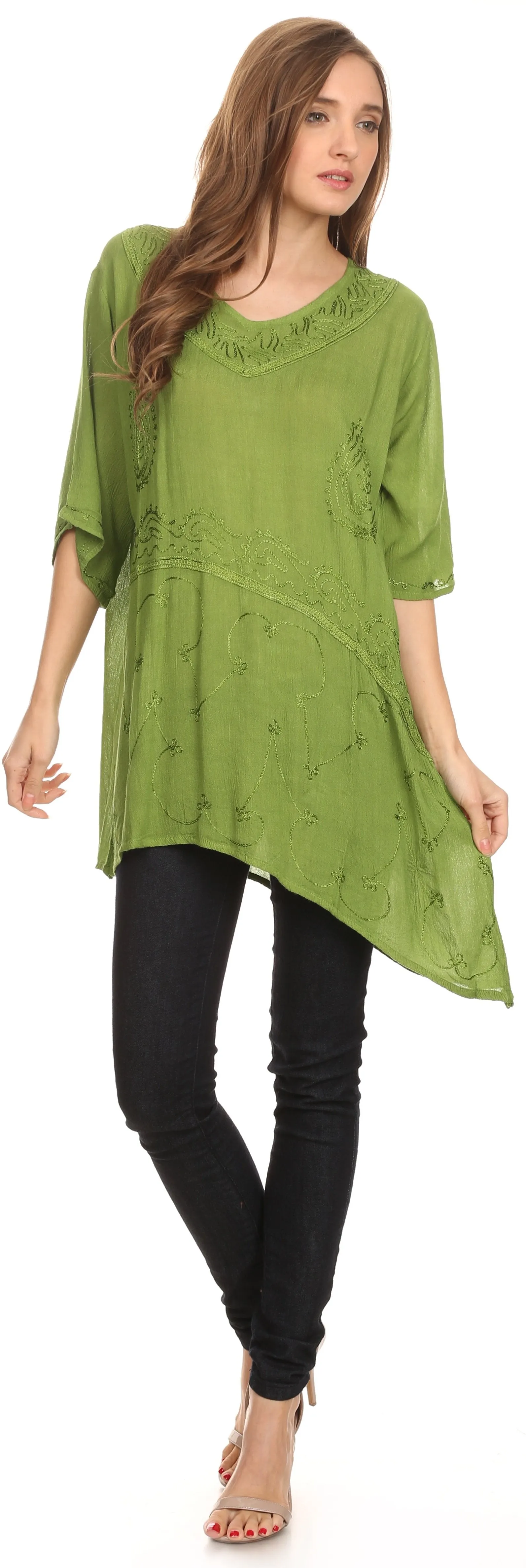 Sakkas Danta Lightweight Embroidered Asymmetrical Blouse With Mid Length Sleeve