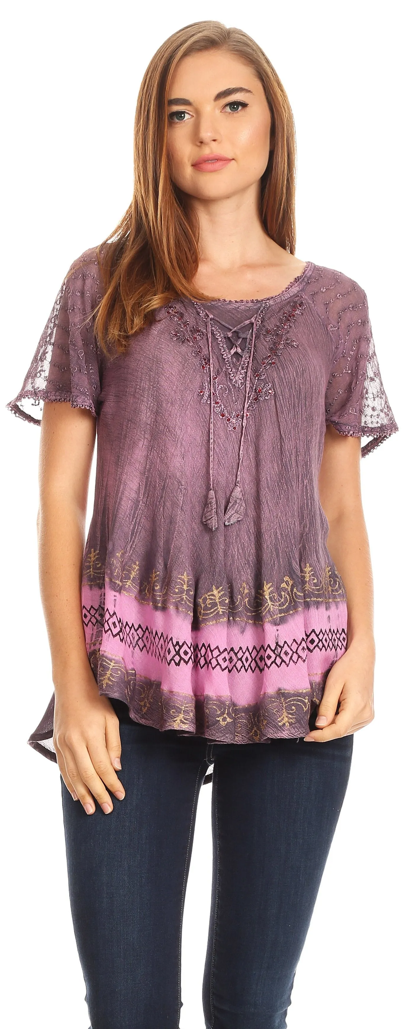 Sakkas Diane Short Sleeve Slim Top Blouse with Sequin Embroidery & Golden Print