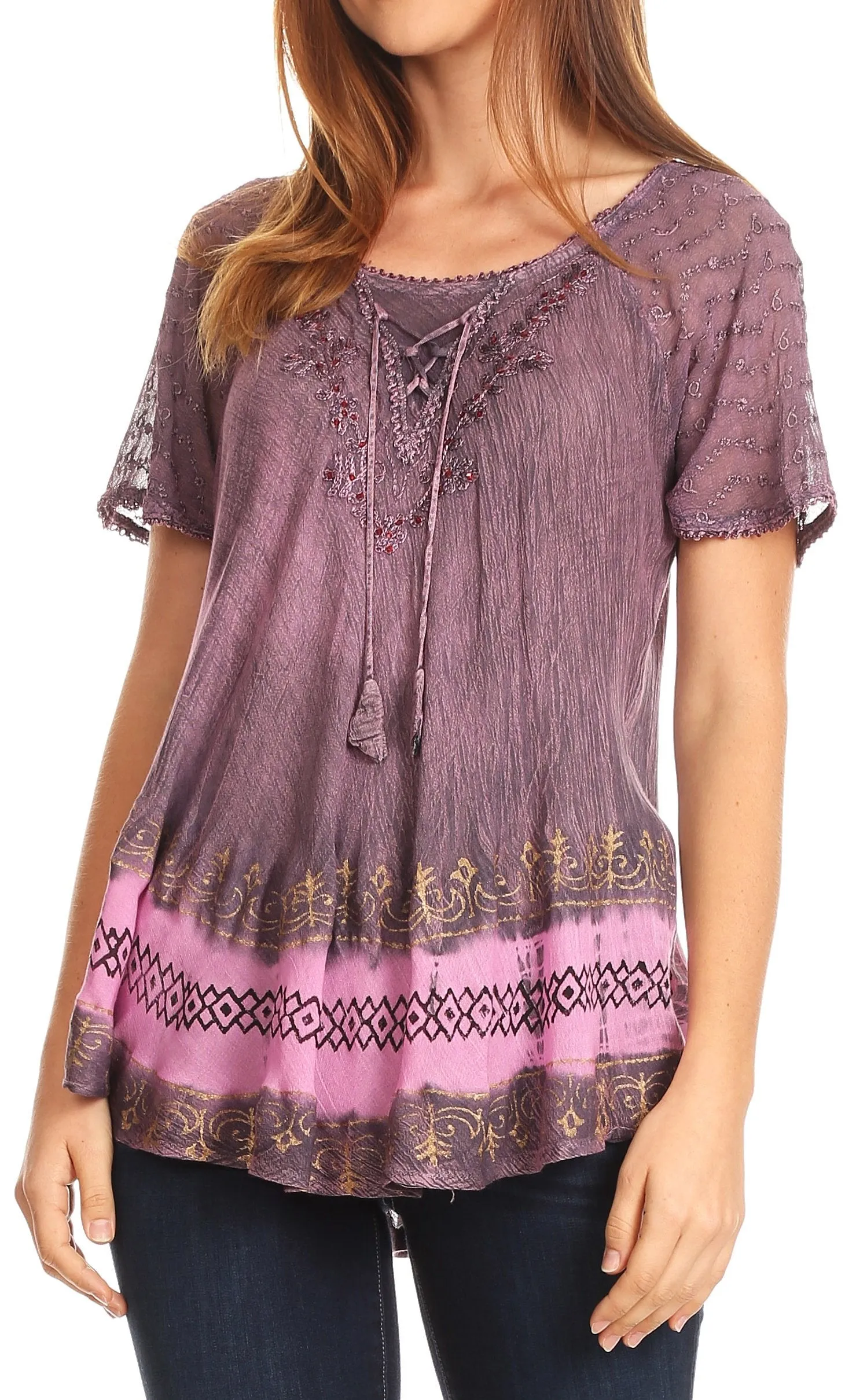 Sakkas Diane Short Sleeve Slim Top Blouse with Sequin Embroidery & Golden Print