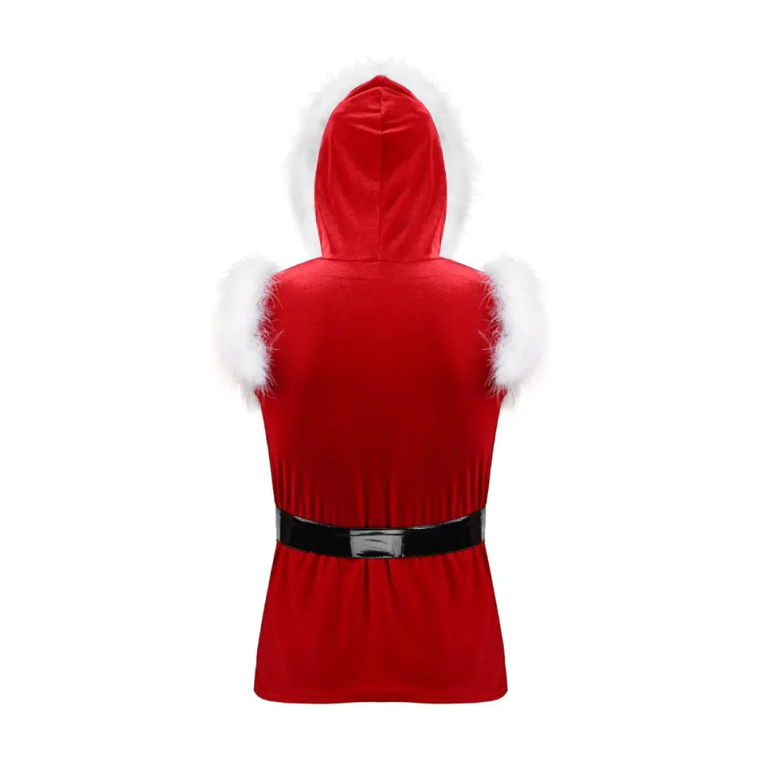 Santa Claus Costume Sleeveless Hooded Leather Jacket