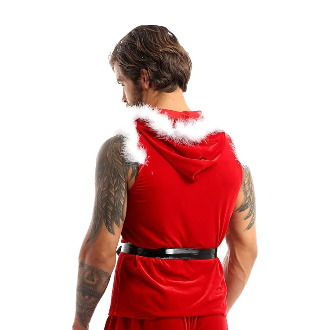 Santa Claus Costume Sleeveless Hooded Leather Jacket