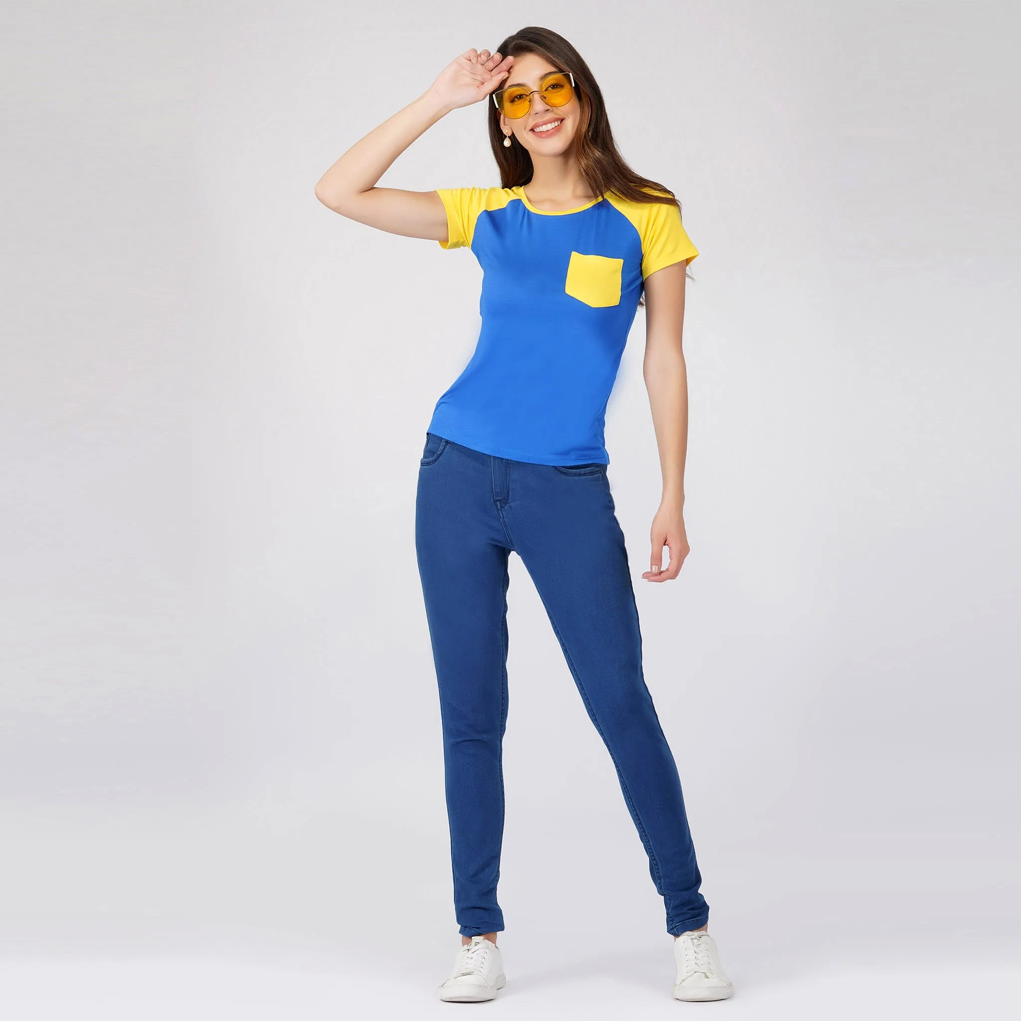 SLAY. Women's Blue Yellow Colorblock T Shirt