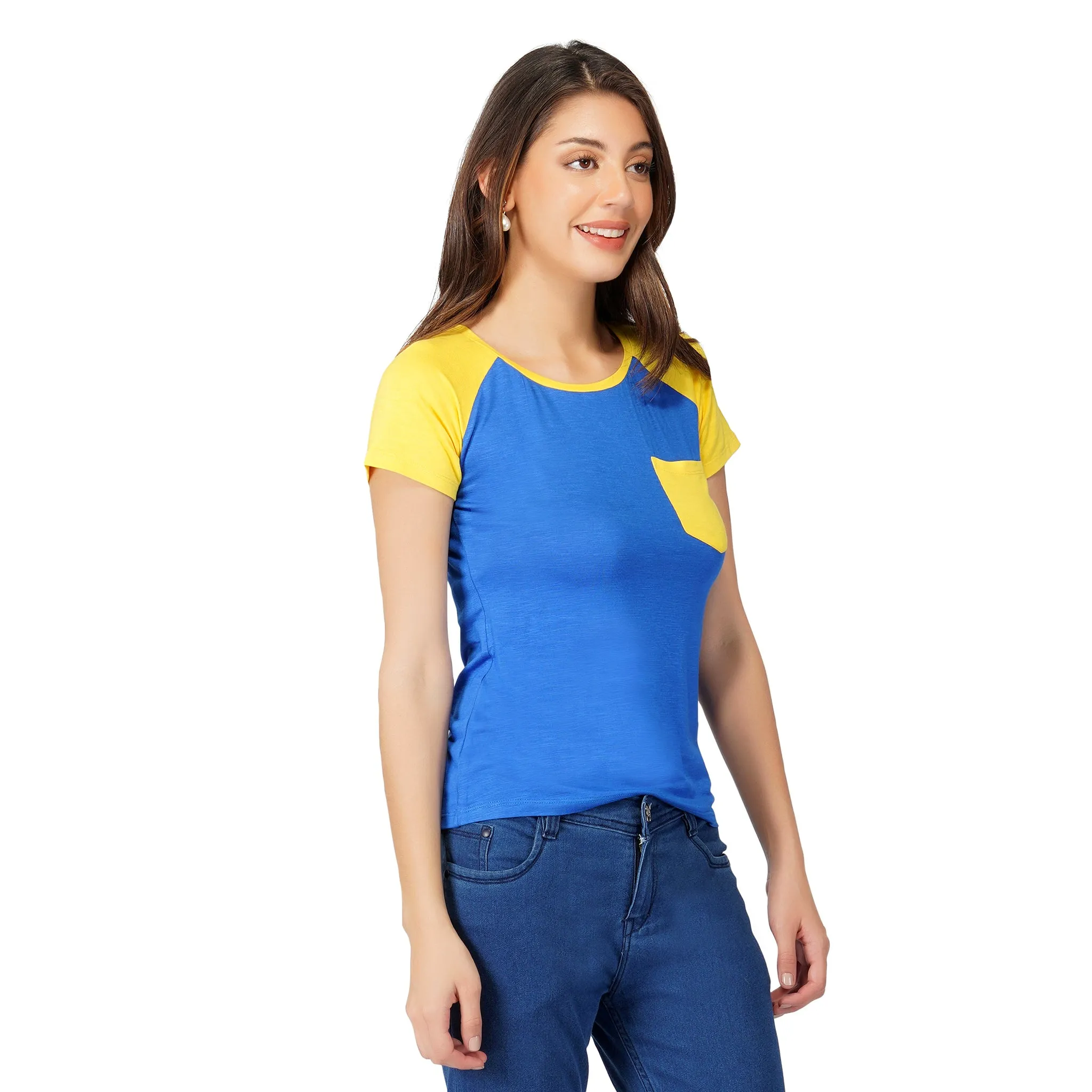 SLAY. Women's Blue Yellow Colorblock T Shirt