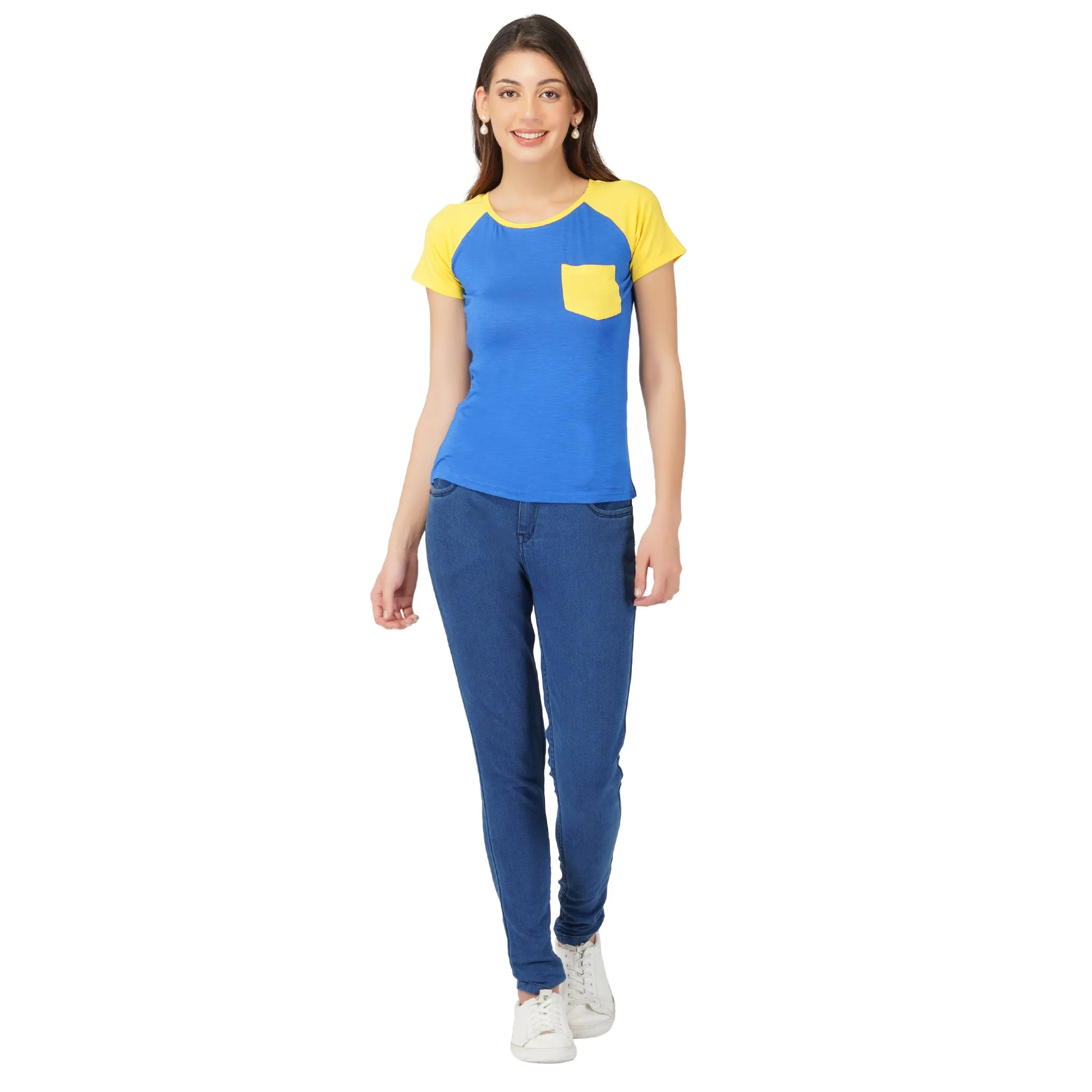 SLAY. Women's Blue Yellow Colorblock T Shirt