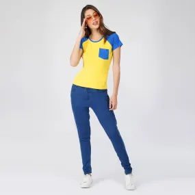 SLAY. Women's Yellow Blue Colorblock Half Sleeves T shirt