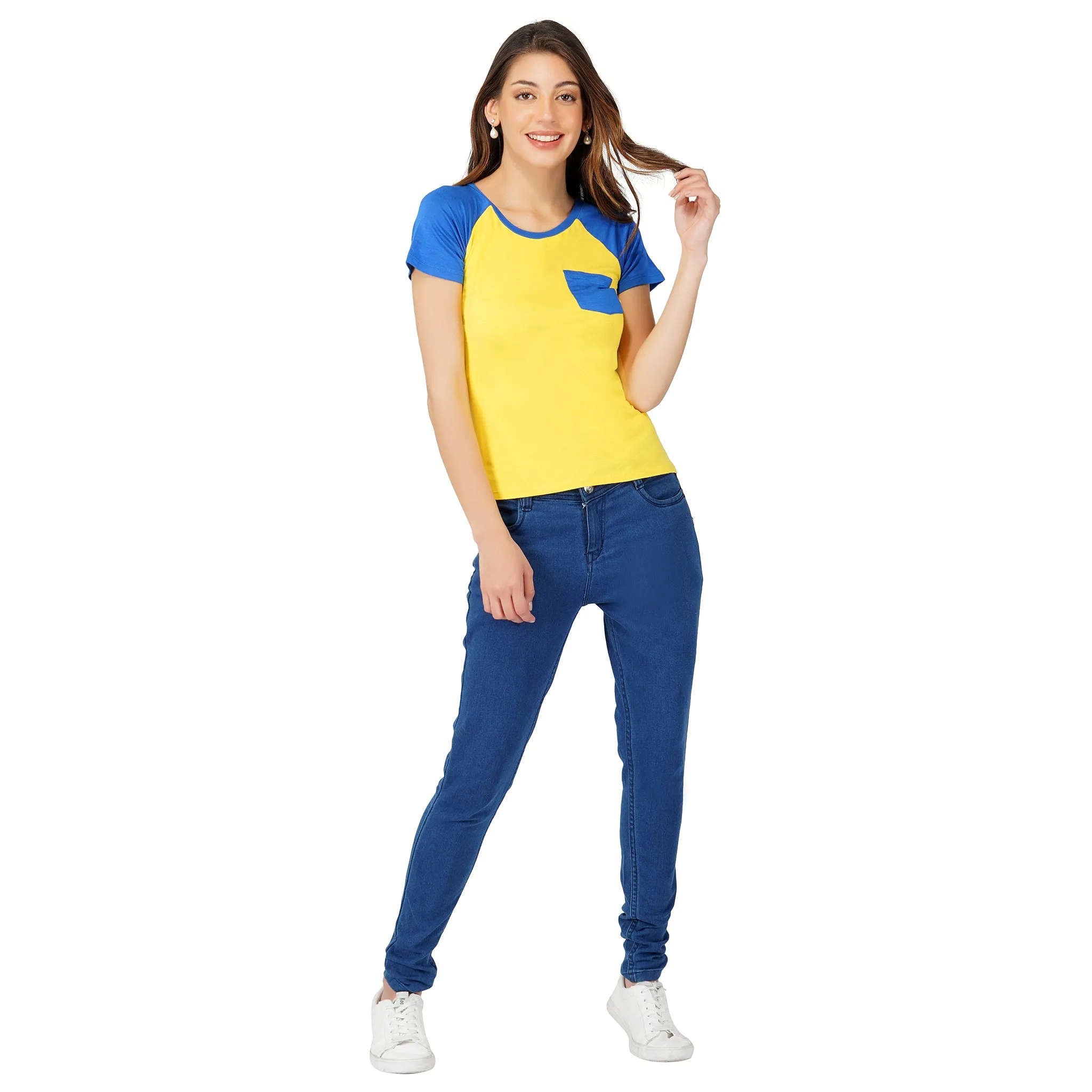 SLAY. Women's Yellow Blue Colorblock Half Sleeves T shirt