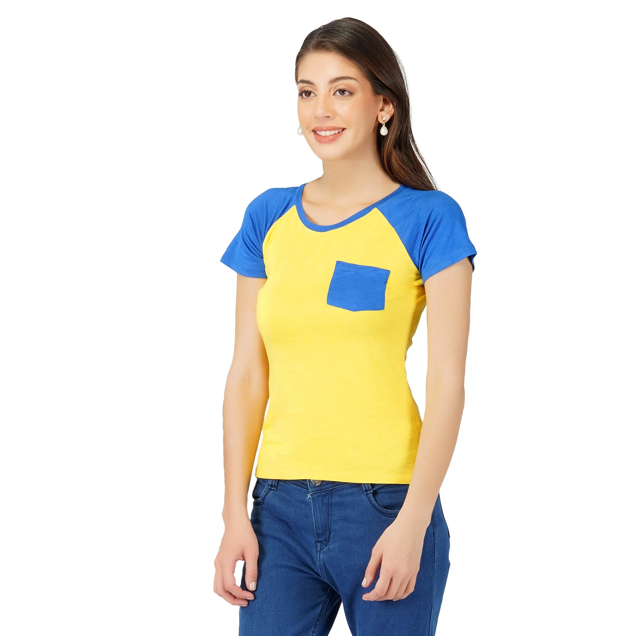 SLAY. Women's Yellow Blue Colorblock Half Sleeves T shirt