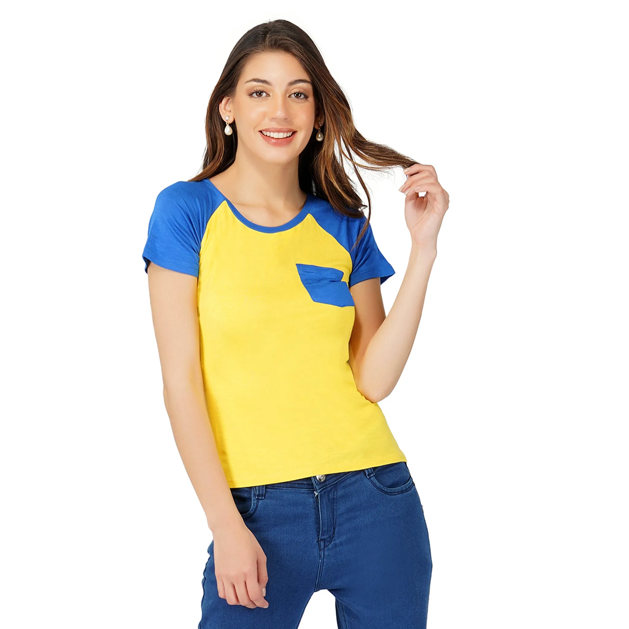 SLAY. Women's Yellow Blue Colorblock Half Sleeves T shirt