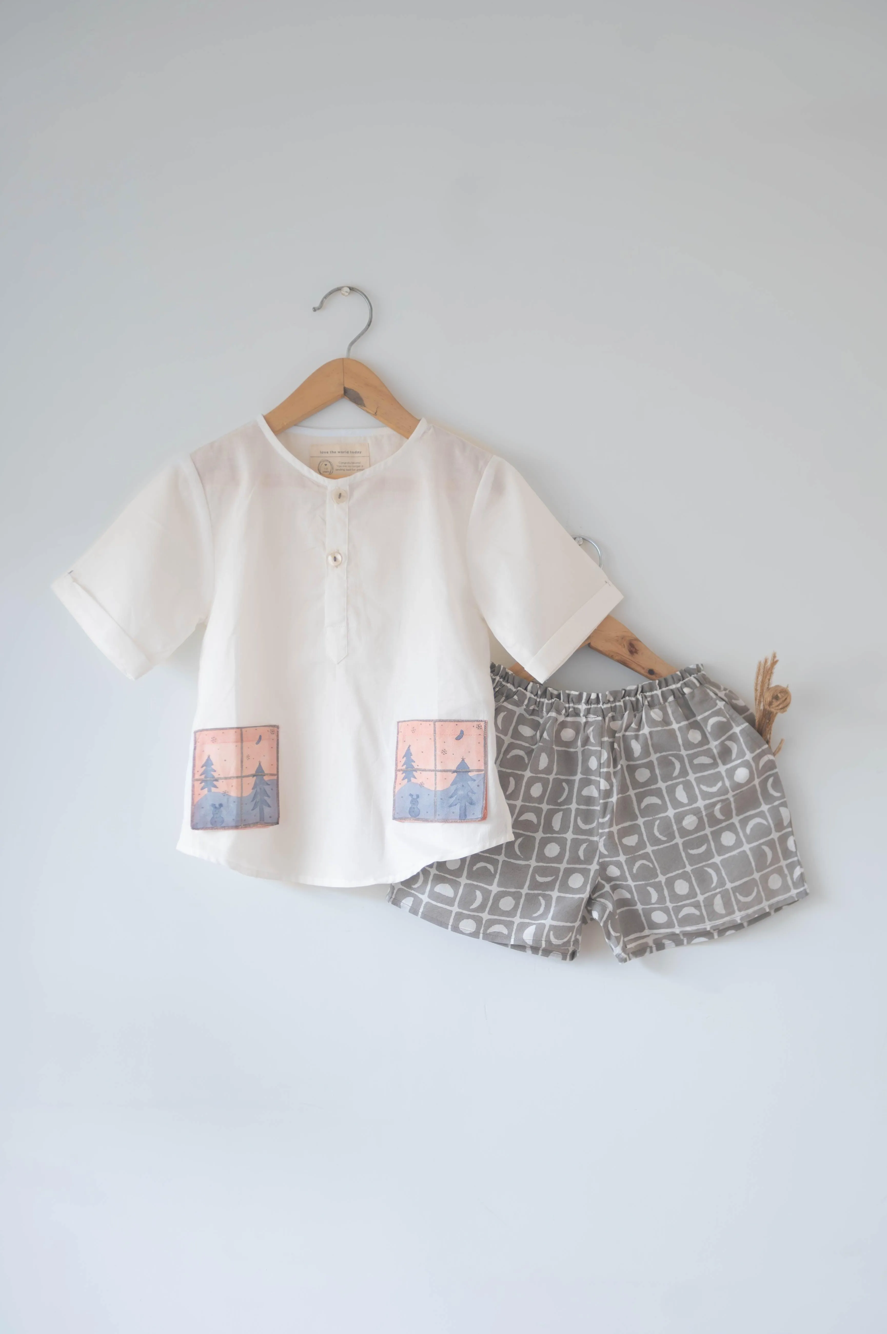 Sleepover Party’ unisex kids set with christmas windows half sleeve kurta and shorts in grey moon chase hand block print