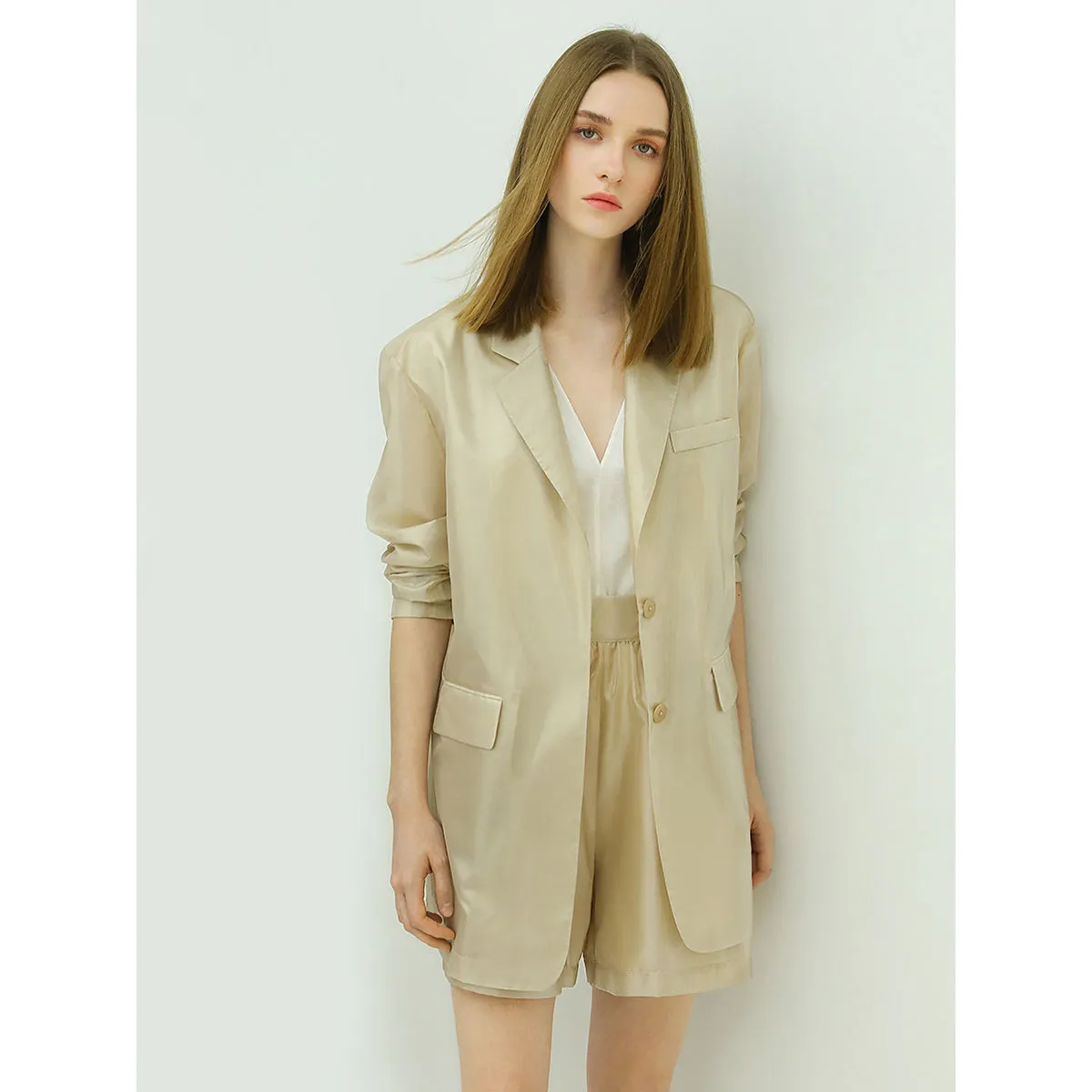 Soft Sheer Single Breasted Long Beige Blazer