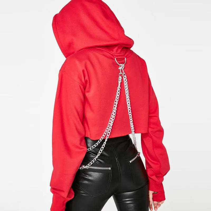 Street Style Metallic Chain Drop Shoulder Long Sleeve Cropped Hoodie - Red