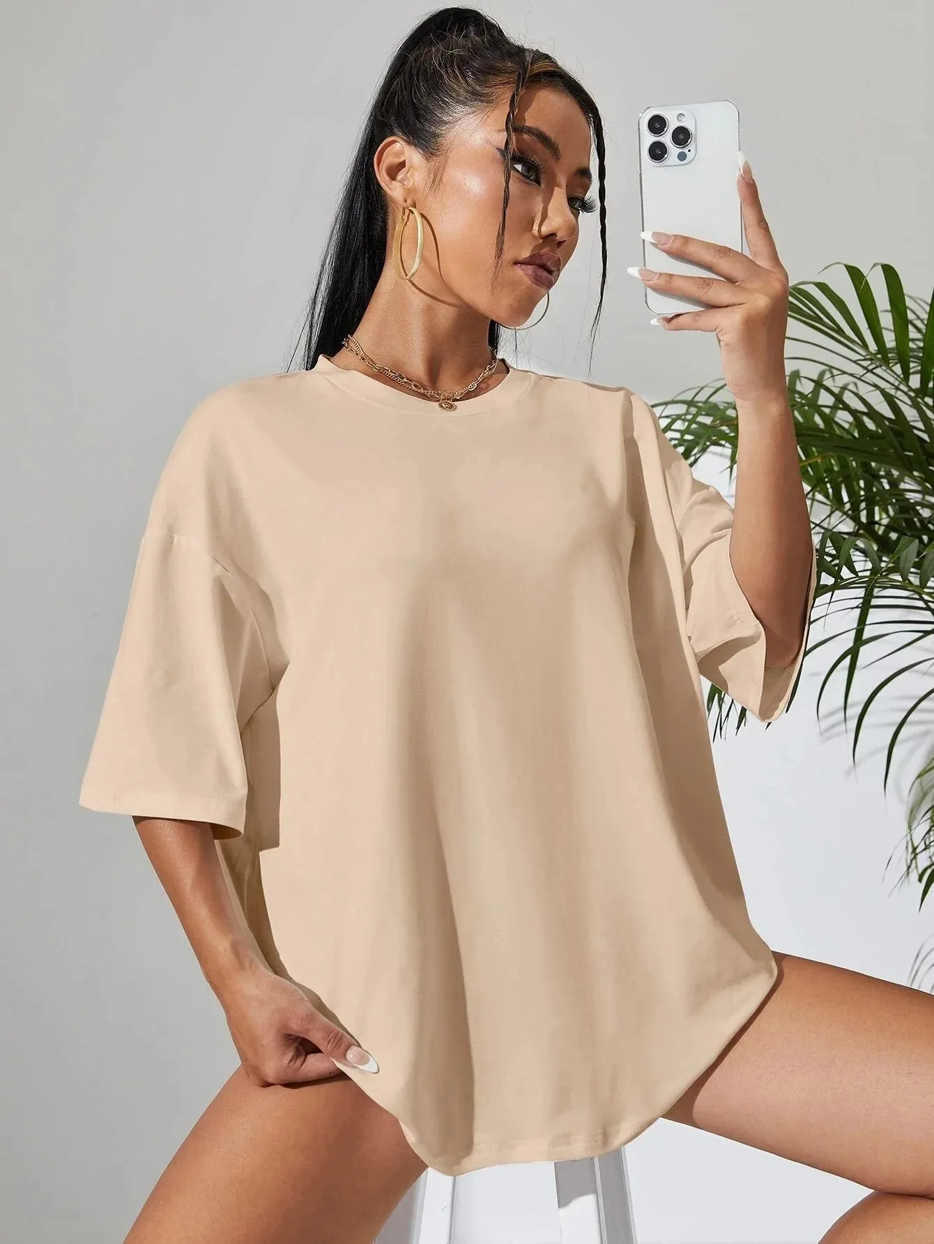 SXV  'BEIGE SOLID DROP SHOULDER OVERSIZED  T-shirt