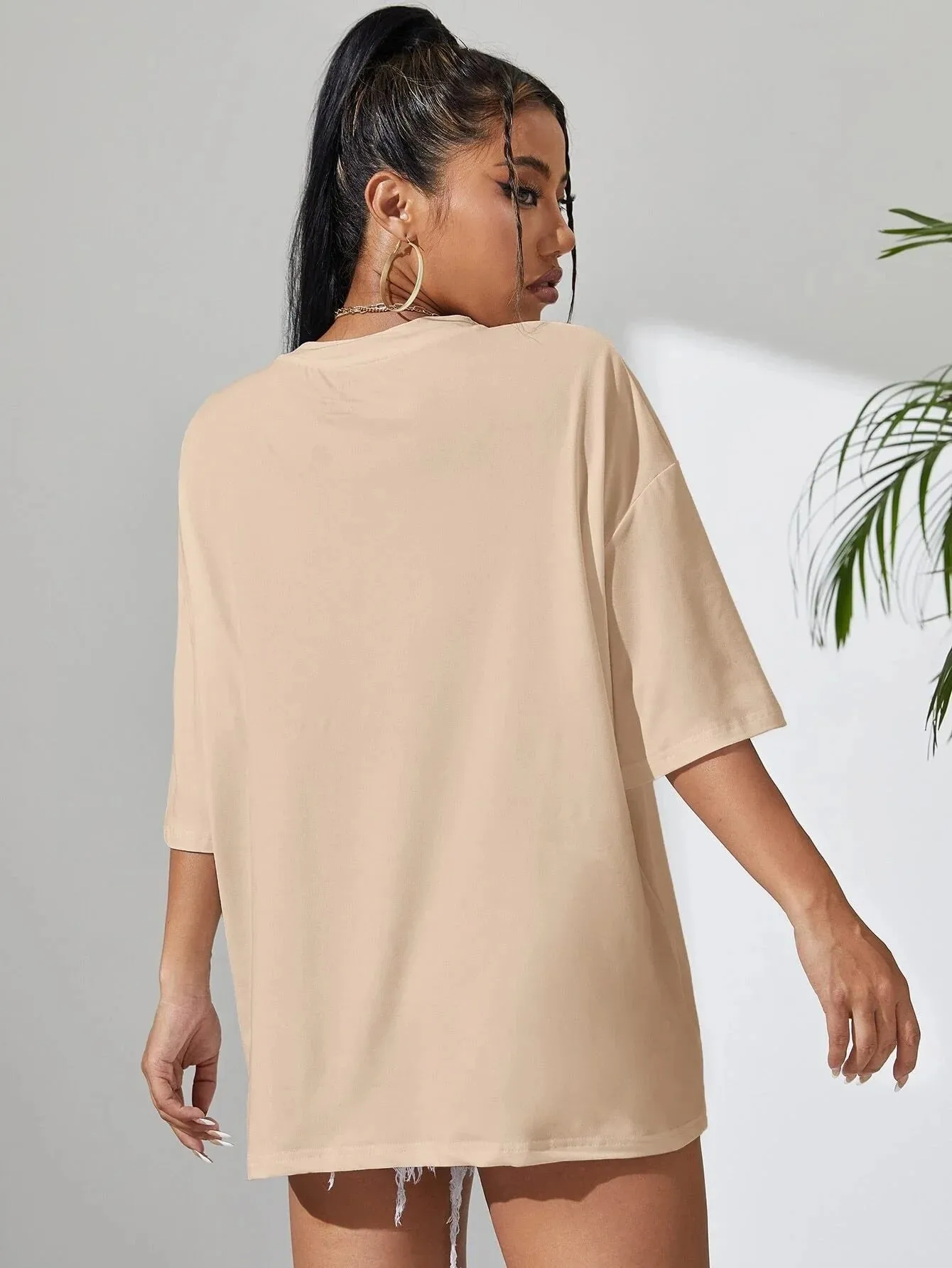 SXV  'BEIGE SOLID DROP SHOULDER OVERSIZED  T-shirt