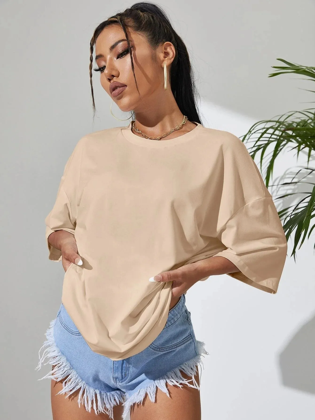 SXV  'BEIGE SOLID DROP SHOULDER OVERSIZED  T-shirt