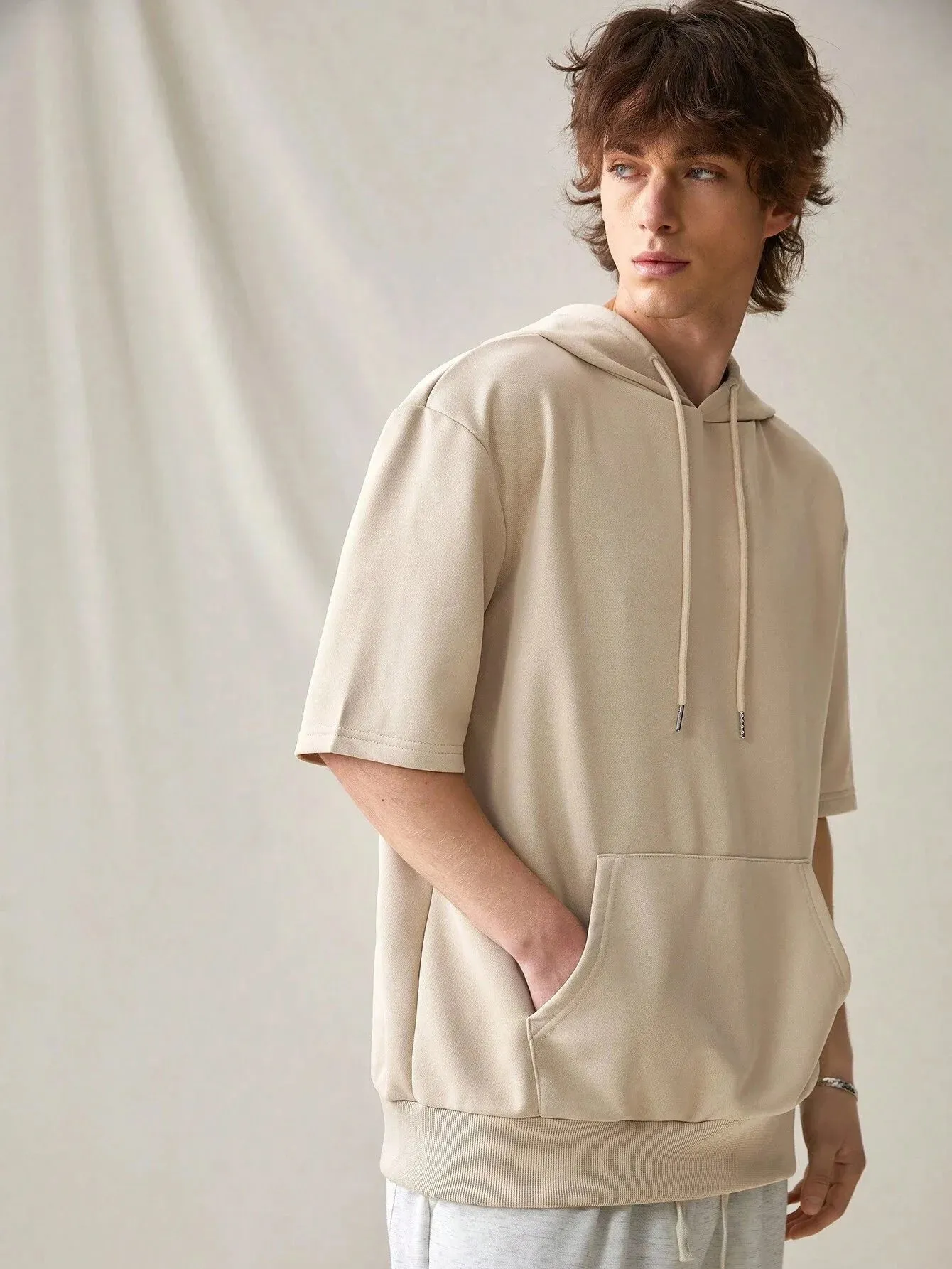 SXV half sleeve solid beige hoodie