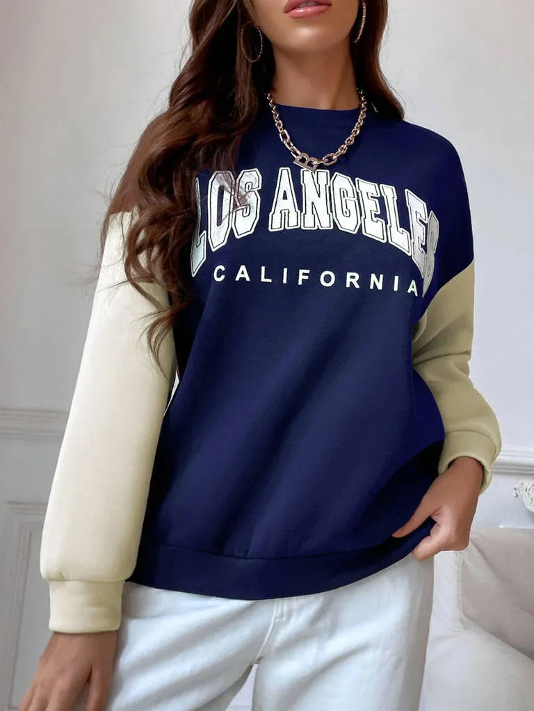 SXV  'LOS ANGELES california’ Printed Cool Aesthetic Drop Shoulder Oversized Color blocked Sweatshirt