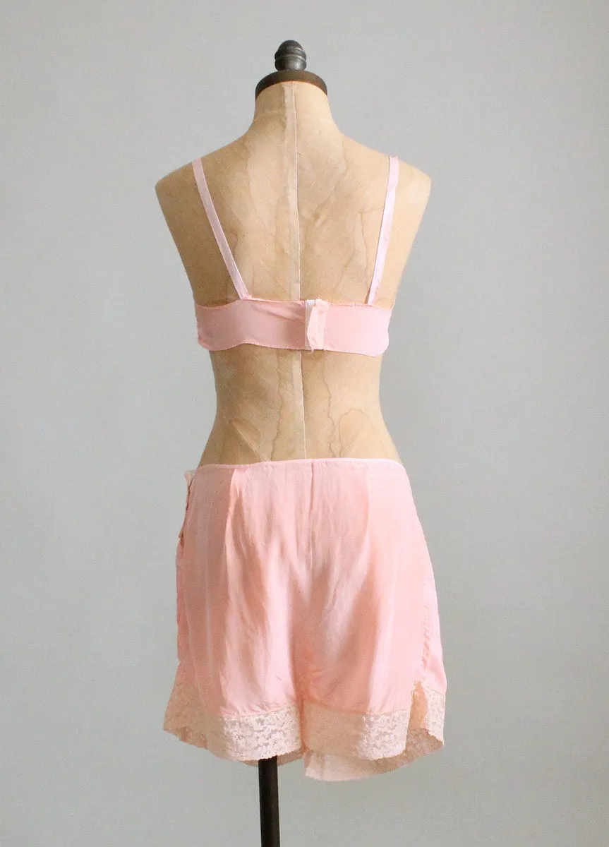 Vintage 1930s Pink Rayon and Lace Bra and Tap Pants Set