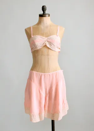 Vintage 1930s Pink Rayon and Lace Bra and Tap Pants Set