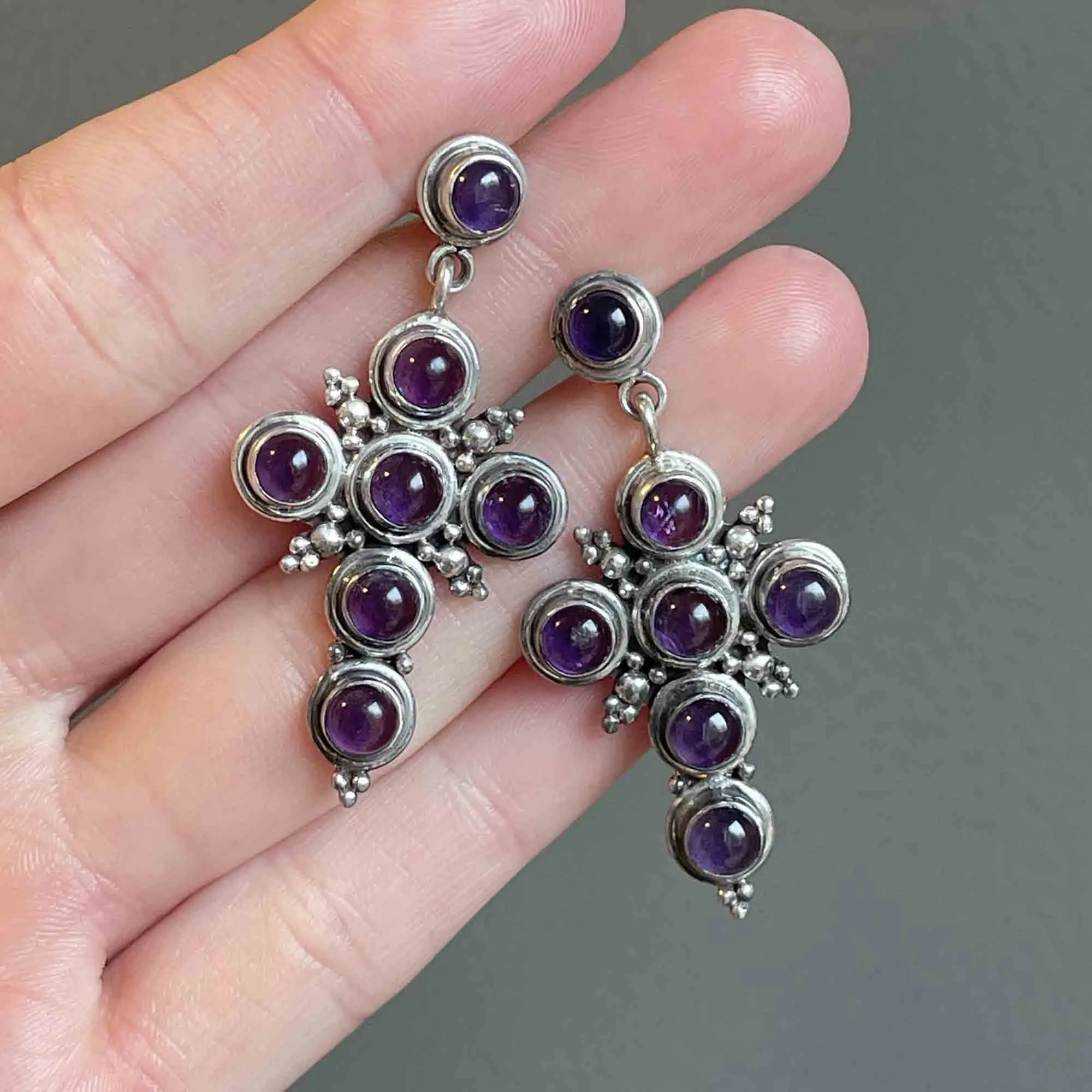 Vintage Silver Amethyst Cross Stud Drop Earrings