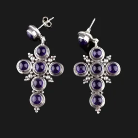 Vintage Silver Amethyst Cross Stud Drop Earrings