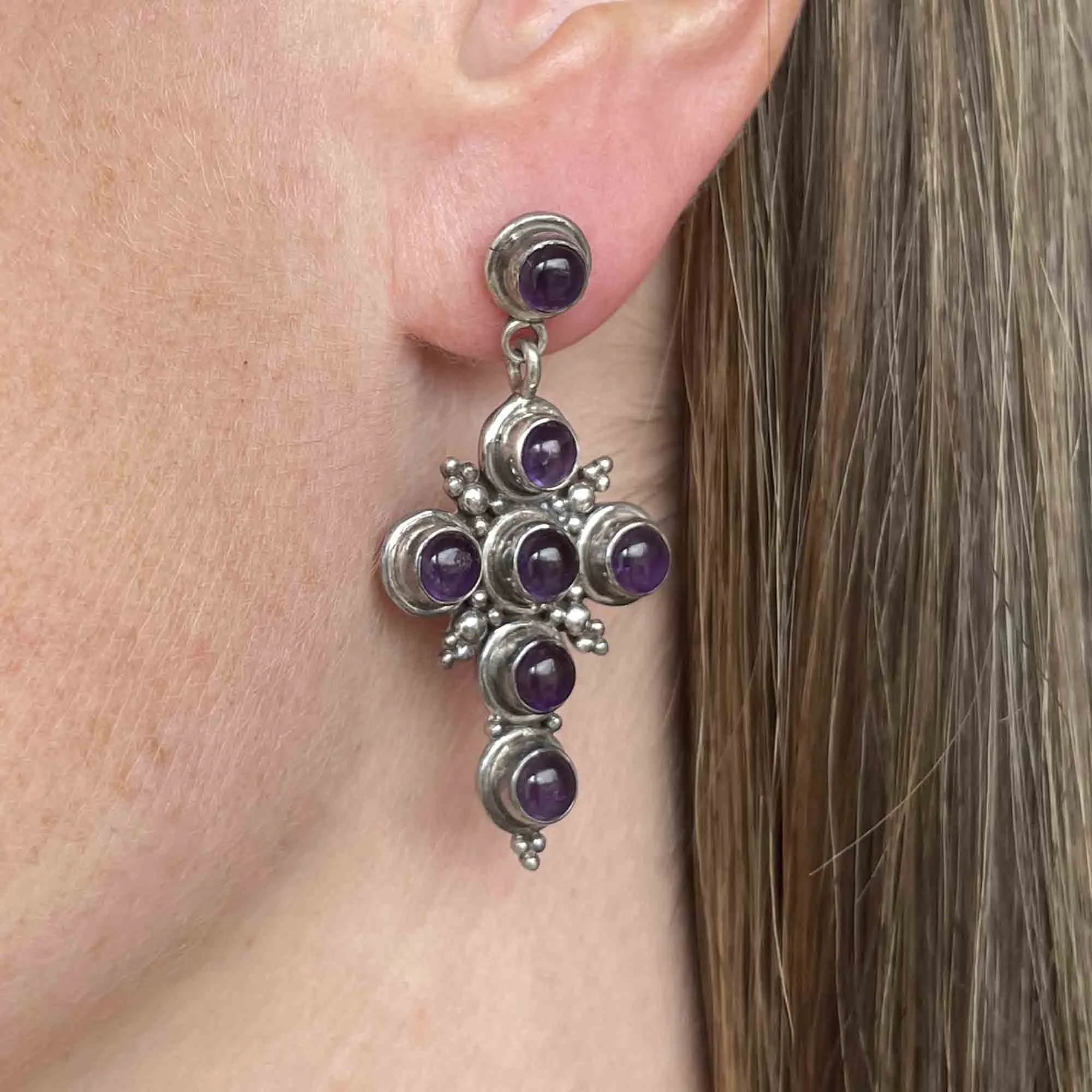 Vintage Silver Amethyst Cross Stud Drop Earrings