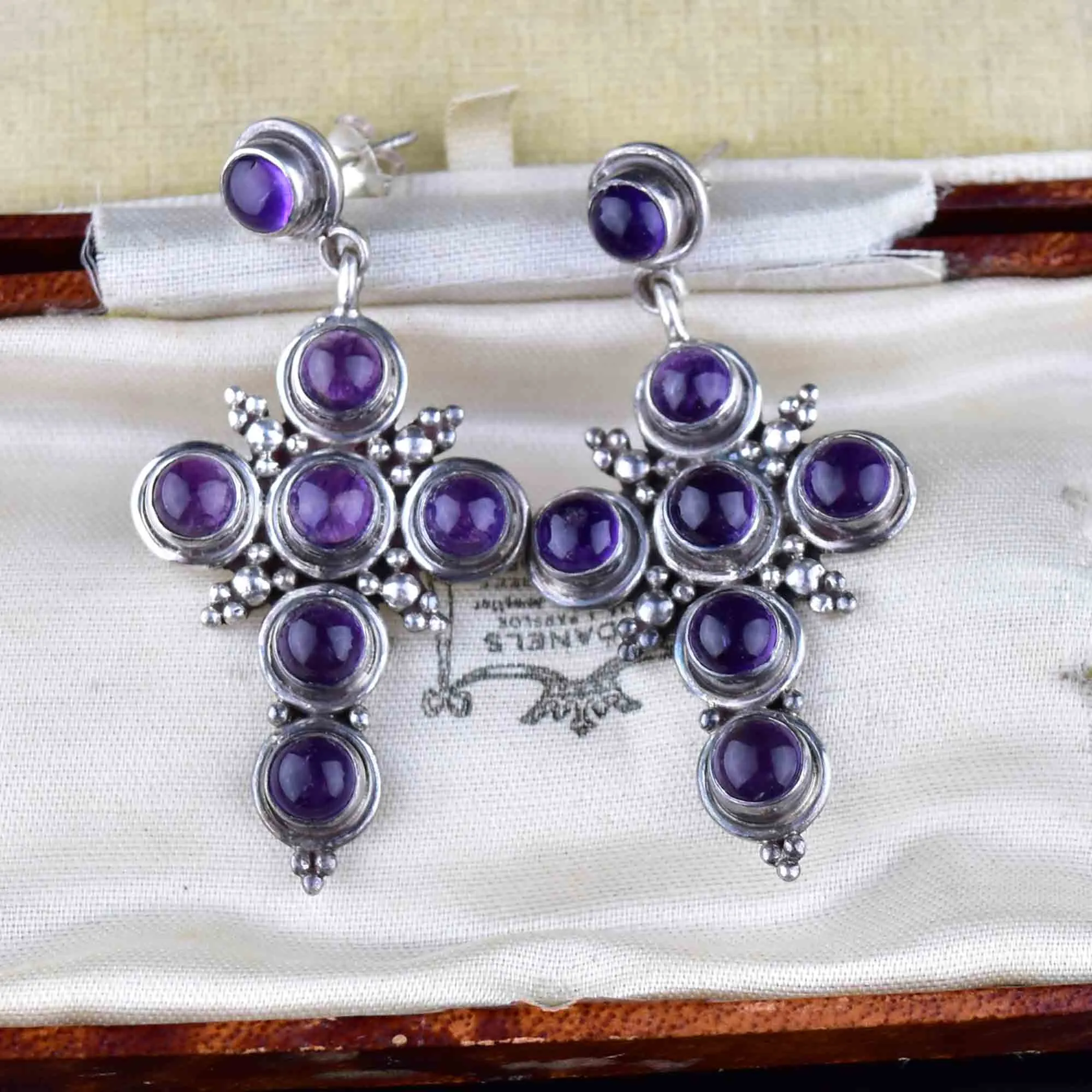 Vintage Silver Amethyst Cross Stud Drop Earrings