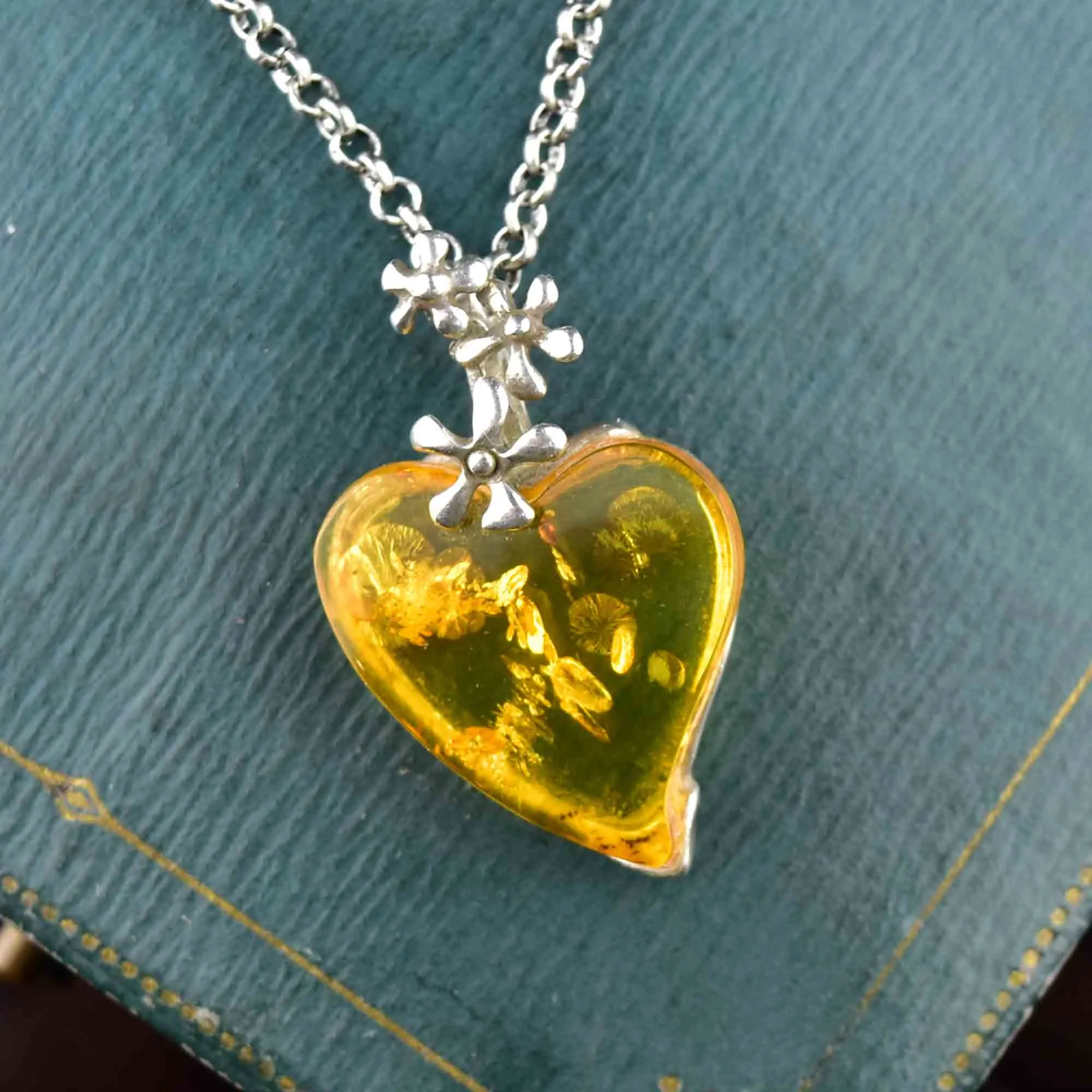 Vintage Sterling Silver Amber Witches Heart Necklace