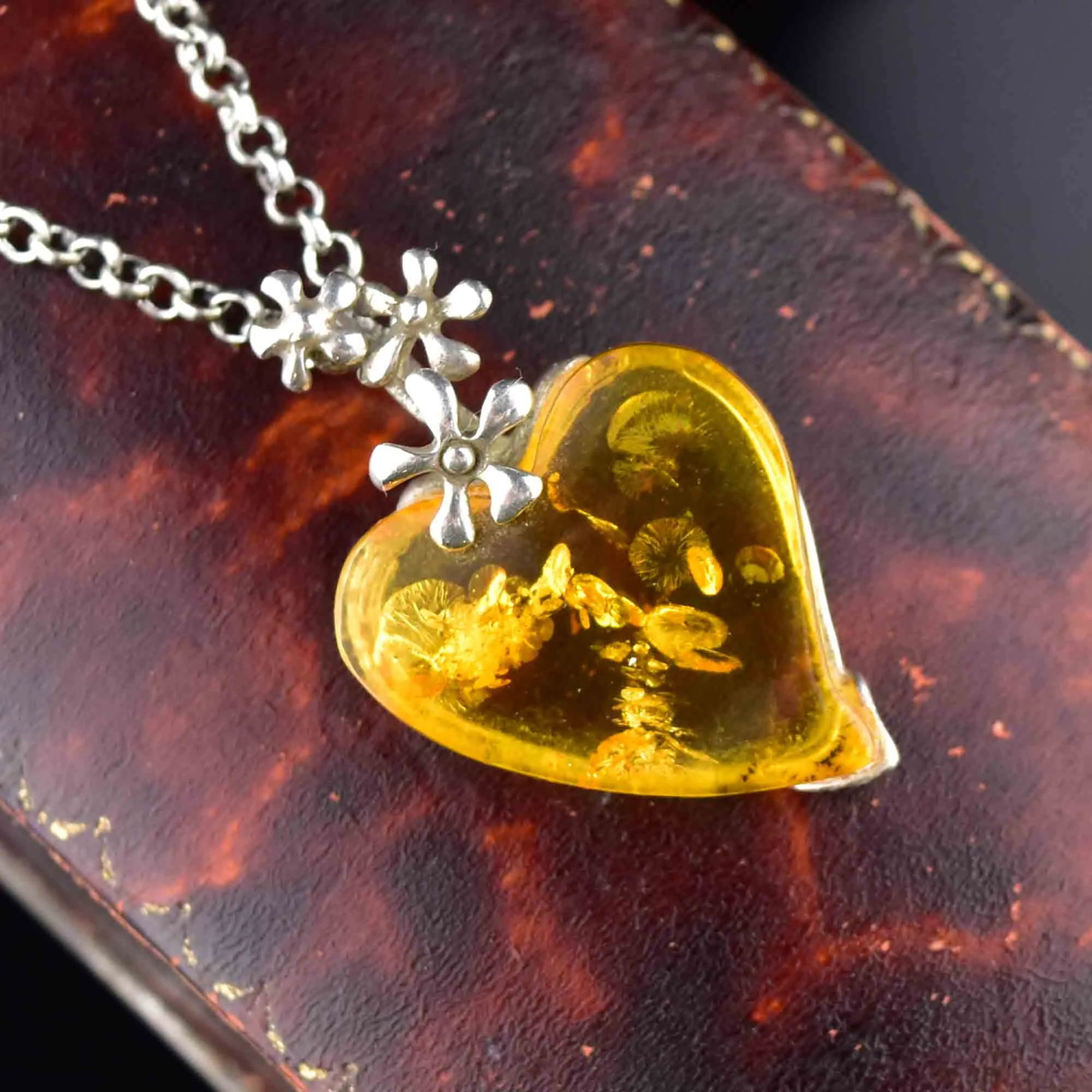 Vintage Sterling Silver Amber Witches Heart Necklace