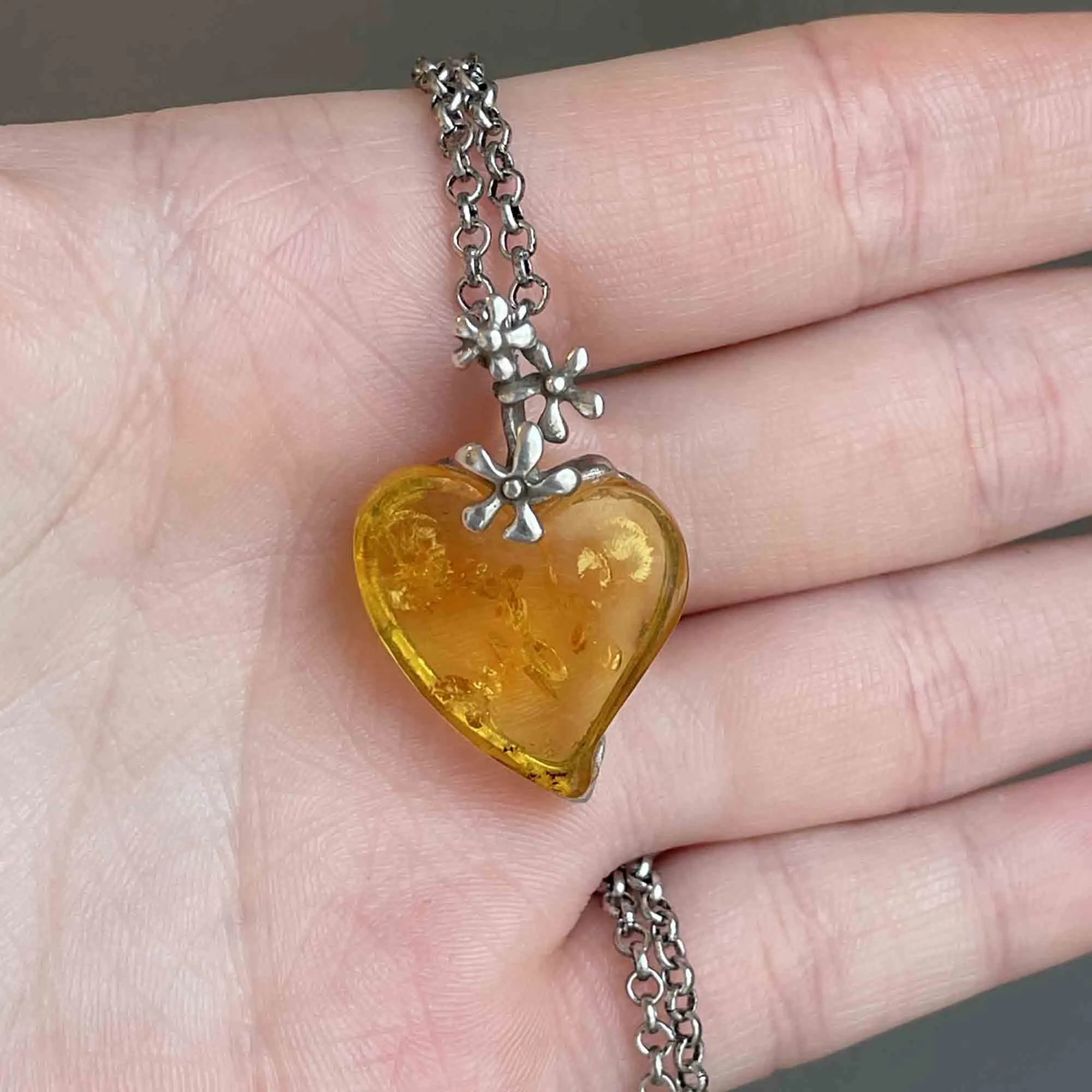 Vintage Sterling Silver Amber Witches Heart Necklace