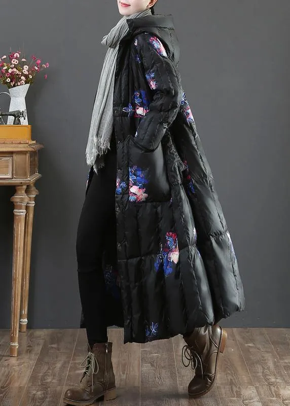 Warm plus size womens parka coats black print hooded pockets goose Down coat