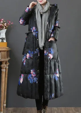 Warm plus size womens parka coats black print hooded pockets goose Down coat