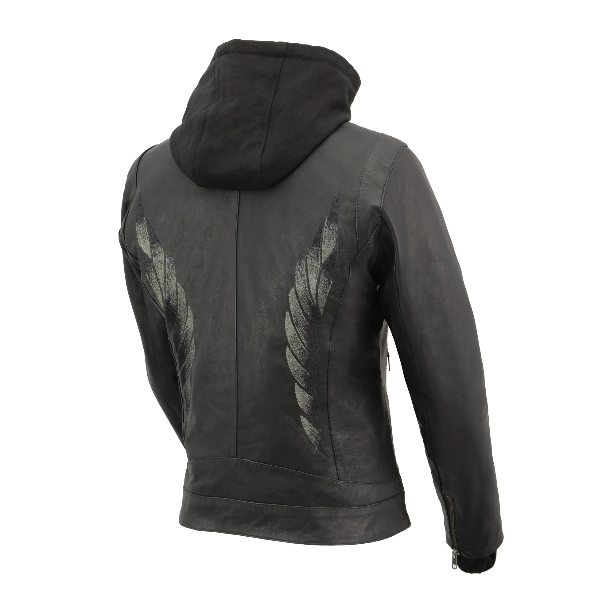 Women Lightweight Black Leather Jacket with Full Sleeve Removable Hoodie