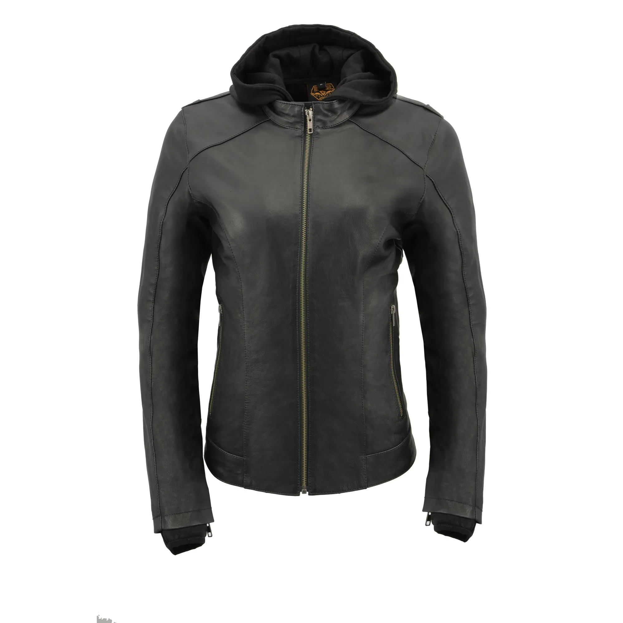 Women Lightweight Black Leather Jacket with Full Sleeve Removable Hoodie