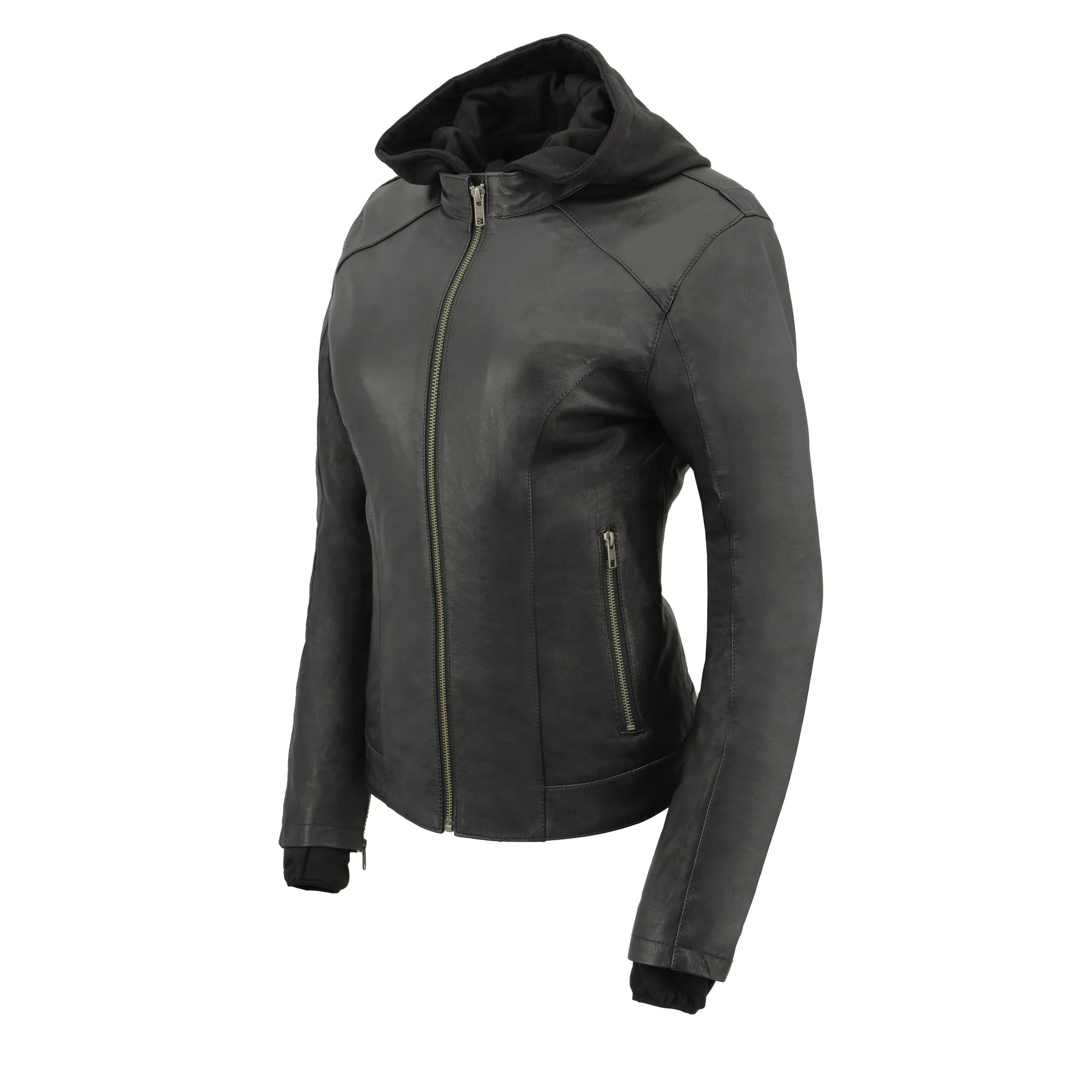 Women Lightweight Black Leather Jacket with Full Sleeve Removable Hoodie